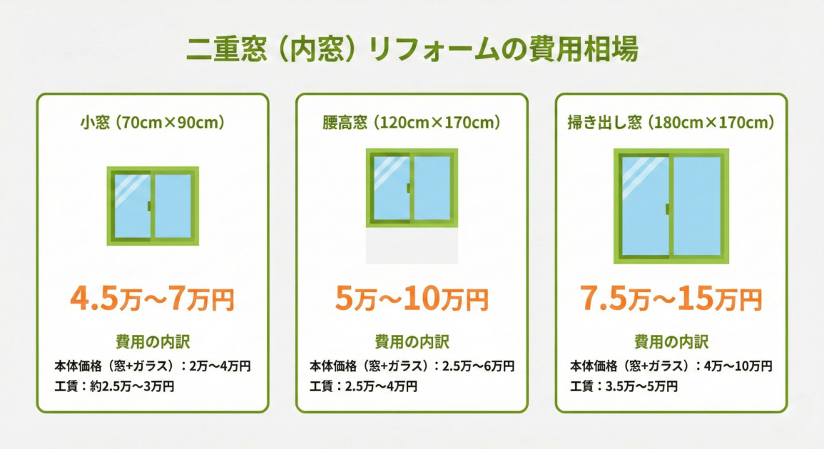 二重窓（内窓）リフォームの費用相場を示すインフォグラフィック。3つのパネルで、小窓、腰高窓、掃き出し窓のサイズごとの費用と内訳を解説している。左の「小窓（70cm×90cm）」は4.5万〜7万円（本体:2万〜4万円、工賃:約2.5万〜3万円）。中央の「腰高窓（120cm×170cm）」は5万〜10万円（本体:2.5万〜6万円、工賃:2.5万〜4万円）。右の「掃き出し窓（180cm×170cm）」は7.5万〜15万円（本体:4万〜10万円、工賃:3.5万〜5万円）。各パネルには窓のイラストがあり、費用がオレンジ色で強調されている。