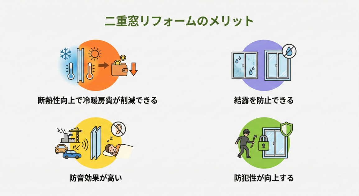 「二重窓リフォームのメリット」と題されたインフォグラフィック。4つのメリットがアイコンと短いテキストで紹介されている。左上はオレンジ色の円を背景に、冷気と暖気を隔てる二重窓と温度計、お金が貯まる財布のアイコンがあり、「断熱性向上で冷暖房費が削減できる」と記述。右上は紫色の円を背景に、結露した窓と結露していない窓の対比、結露禁止マークがあり、「結露を防止できる」と記述。左下は黄色の円を背景に、騒音を遮断する二重窓と静かに眠る人物のイラストがあり、「防音効果が高い」と記述。右下は緑色の円を背景に、泥棒を二重窓と鍵、盾で防ぐイラストがあり、「防犯性が向上する」と記述されている。全体的にクリーンでミニマルなフラットベクターデザイン。
