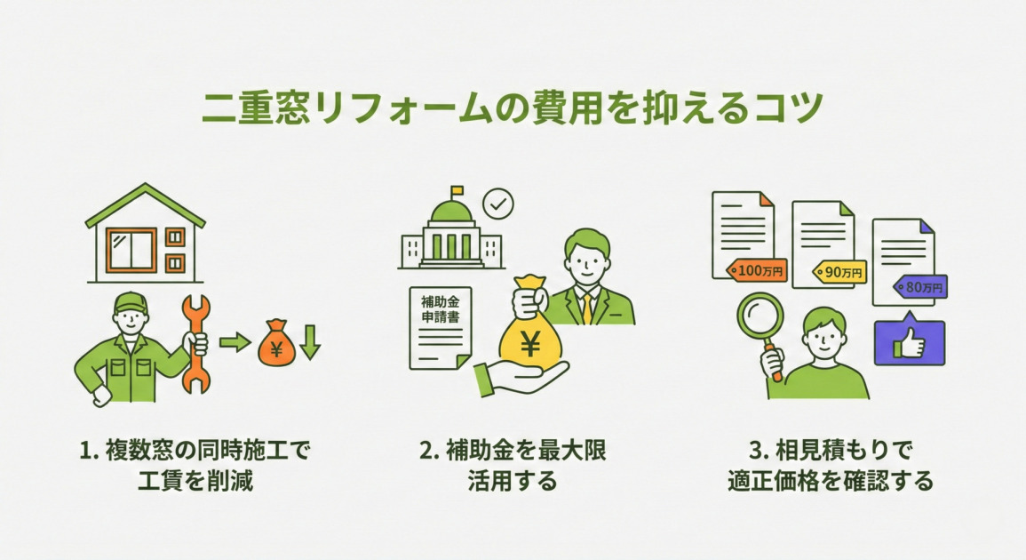 「二重窓リフォームの費用を抑えるコツ」と題されたインフォグラフィック。3つのポイントが左から順にイラスト付きで説明されている。左側の「1. 複数窓の同時施工で工賃を削減」には、作業員、家、レンチ、費用削減を示す下向き矢印とお金の袋のイラスト。中央の「2. 補助金を最大限活用する」には、役所の建物、補助金申請書、お金の袋を受け取る人物のイラスト。右側の「3. 相見積もりで適正価格を確認する」には、異なる金額の見積書を虫眼鏡で比較し、最適なものを選ぶ人物といいねマークのイラストが描かれている。全体的に緑、黄、オレンジ、紫をアクセントにした親しみやすいフラットデザイン。