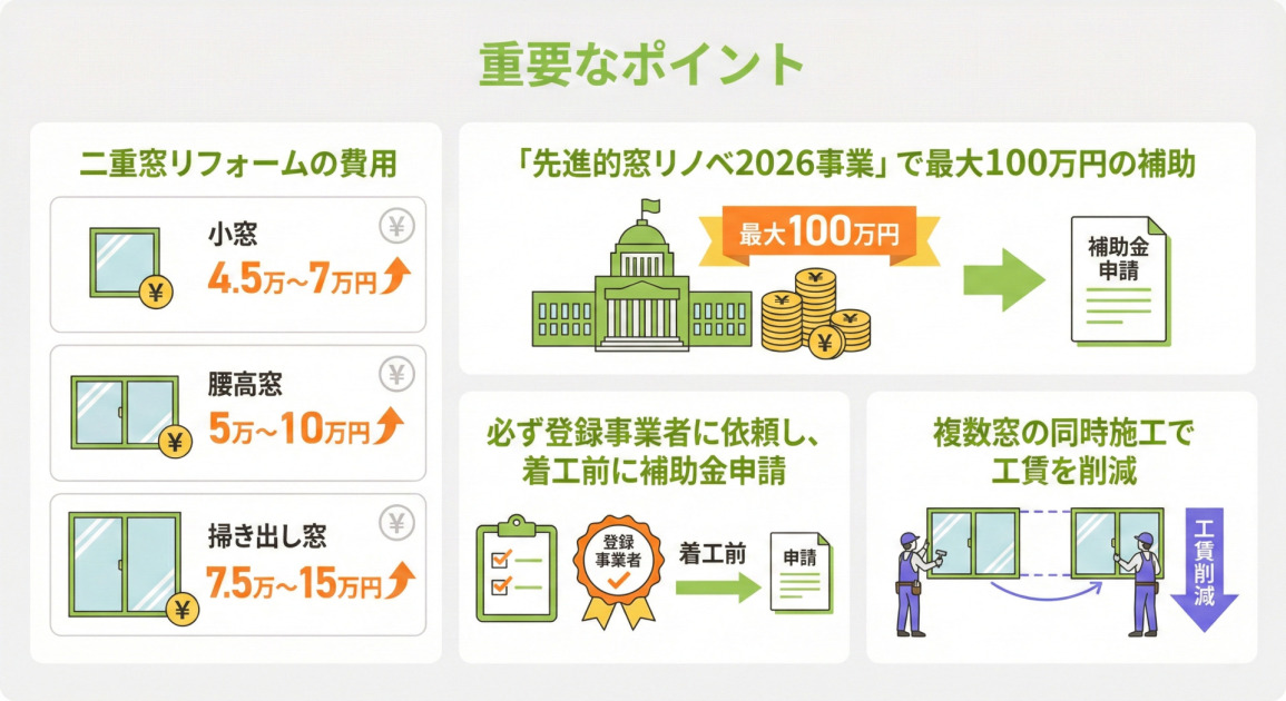 「重要なポイント」と題されたインフォグラフィック。4つのセクションに分かれ、二重窓リフォームに関する情報がまとめられている。左側の「二重窓リフォームの費用」セクションには、小窓（4.5万〜7万円）、腰高窓（5万〜10万円）、掃き出し窓（7.5万〜15万円）のそれぞれの窓のイラストと費用目安、円マークのアイコンが示されている。右上の「『先進的窓リノベ2026事業』で最大100万円の補助」セクションには、国会議事堂のイラスト、積み上がった硬貨、「最大100万円」と書かれたリボン、補助金申請書類のアイコンがある。右下の「複数窓の同時施工で工賃を削減」セクションには、作業員が複数の窓を同時に設置しているイラストと「工賃削減」のタグがある。中央下の「必ず登録事業者に依頼し、着工前に補助金申請」セクションには、チェックリスト、登録事業者の認定マーク、着工前から申請までの流れを示す矢印と書類のイラストが描かれている。全体的にクリーンでフラットなベクターイラストが用いられ、白、緑、オレンジ、黄色、青が基調色となっている。