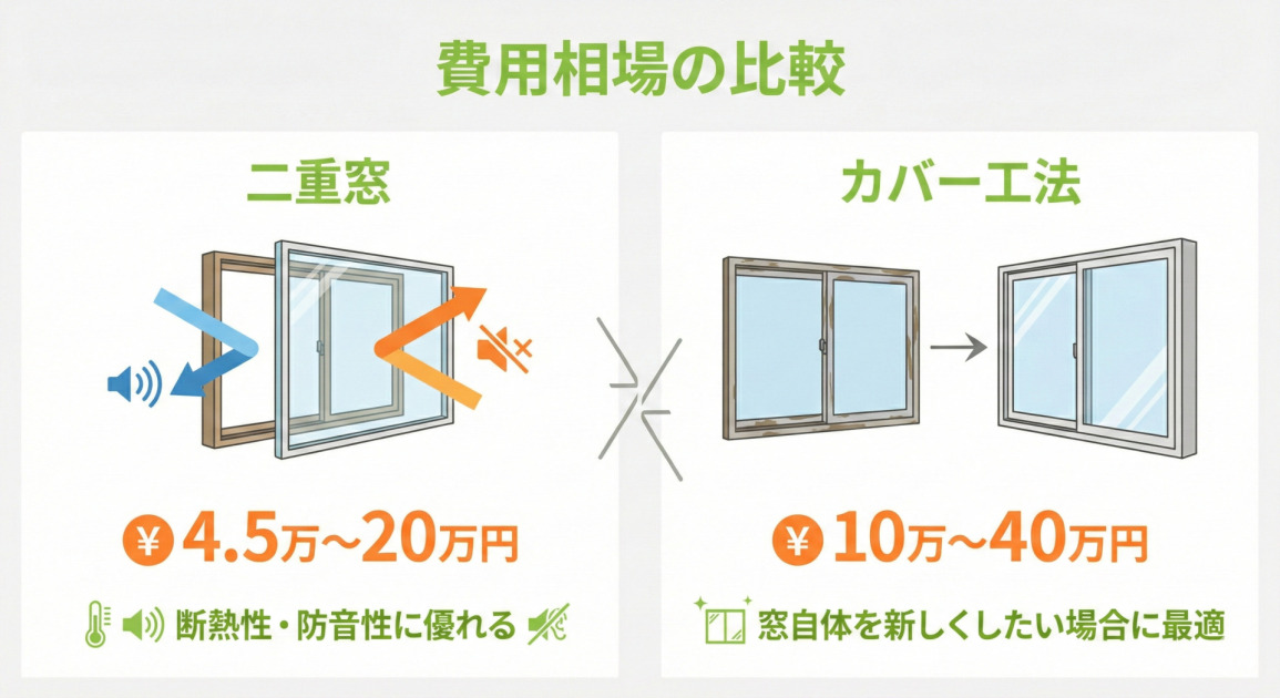 「費用相場の比較」と題されたインフォグラフィック。左側に「二重窓」、右側に「カバー工法」のイラストと費用、特徴が対比されている。左側の「二重窓」では、既存の窓の内側に新しい窓が設置され、外からの冷気や音が遮断され、室内の暖かさが保たれる様子が矢印とアイコンで示されている。費用は「¥4.5万〜20万円」で、特徴として「断熱性・防音性に優れる」と温度計とスピーカーのアイコンと共に記載されている。中央には比較を示す大きな交差矢印がある。右側の「カバー工法」では、古い窓枠が新しい窓枠に交換される様子がイラストで示されている。費用は「¥10万〜40万円」で、特徴として「窓自体を新しくしたい場合に最適」と新しい窓のアイコンと共に記載されている。