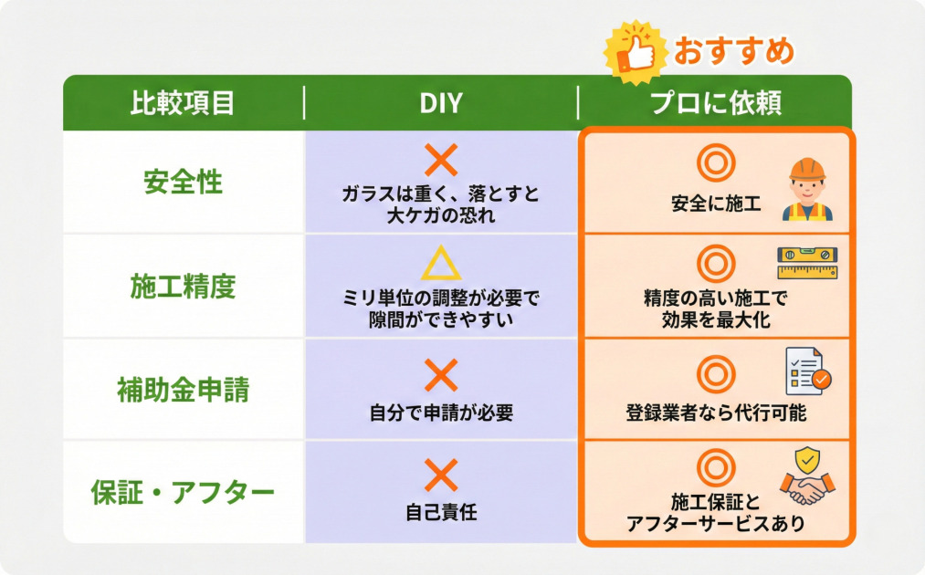 「DIY」と「プロに依頼」の比較表の画像。「プロに依頼」がおすすめとして強調表示されています。比較項目は「安全性」「施工精度」「補助金申請」「保証・アフター」の4点。安全性はDIYが×（ガラスは重く、落とすと大ケガの恐れ）、プロが◎（安全に施工）。施工精度はDIYが△（ミリ単位の調整が必要で隙間ができやすい）、プロが◎（精度の高い施工で効果を最大化）。補助金申請はDIYが×（自分で申請が必要）、プロが◎（登録業者なら代行可能）。保証・アフターはDIYが×（自己責任）、プロが◎（施工保証とアフターサービスあり）となっています。