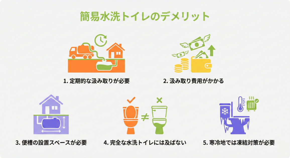 「簡易水洗トイレのデメリット」というタイトルのインフォグラフィック画像。5つの欠点がアイコンと共に、日本語のテキストのみで説明されている。 1. 定期的な汲み取りが必要:バキュームカーが家の地下タンクから汲み取っているイラストと時計のアイコン。 2. 汲み取り費用がかかる:財布から羽が生えたお金が飛んでいくイラストと上向き矢印。 3. 便槽の設置スペースが必要:家の地下に大きな便槽が埋まっている断面図とスペースを示す矢印。 4. 完全な水洗トイレには及ばない:チェックマーク付きの通常トイレとバツ印付きの簡易トイレの間に不等号(≠)があるイラスト。 5. 寒冷地では凍結対策が必要:凍結したトイレ、氷の結晶、温度計、ヒーターのイラスト。