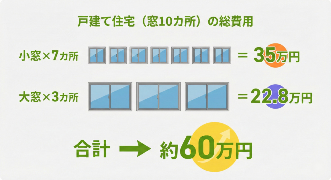 戸建て住宅の窓10カ所をリフォームした場合の総費用シミュレーション。小窓7カ所と大窓3カ所の合計で約60万円という価格内訳。