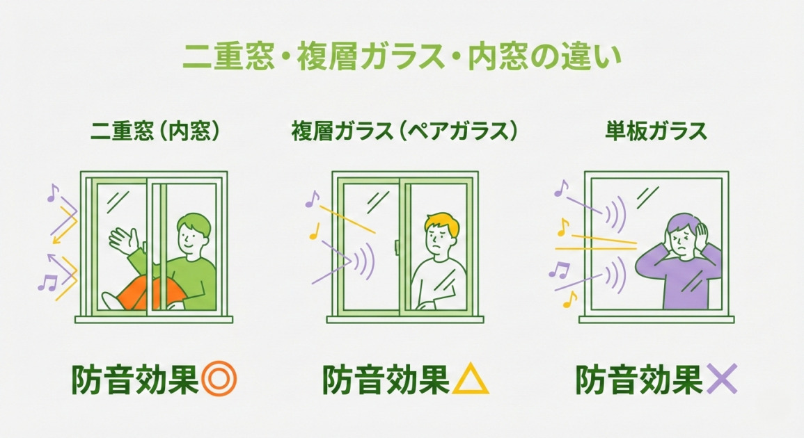二重窓(内窓)・複層ガラス(ペアガラス)・単板ガラスの防音効果比較図。二重窓は防音効果が高く、単板ガラスは低いことをイラストで解説。