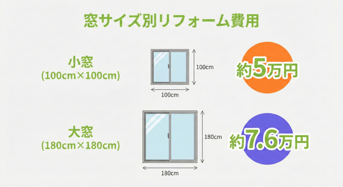 窓のサイズ別リフォーム費用目安。小窓(100cm×100cm)は約5万円、大窓(180cm×180cm)は約7.6万円という価格相場。
