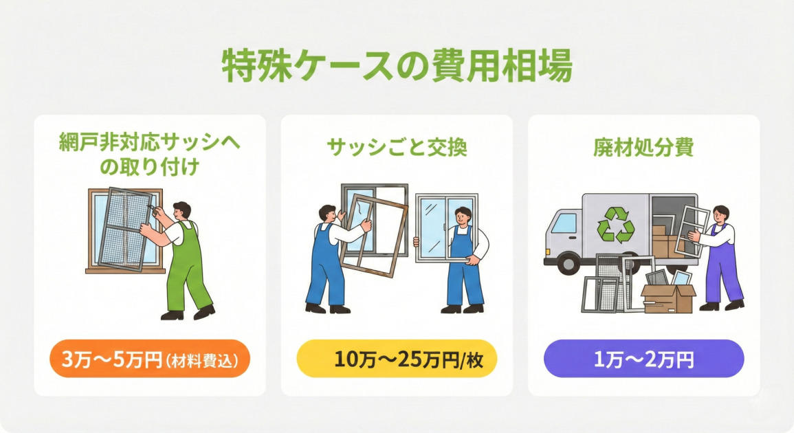 特殊ケースの費用相場をまとめたイラスト付き料金表。左から順に、「網戸非対応サッシへの取り付け」は作業員が取り付け作業を行うイラストで費用は3万～5万円（材料費込）、「サッシごと交換」は2人の作業員による交換作業のイラストで費用は10万～25万円、「廃材処分費」は作業員が廃材をリサイクル収集トラックに積み込むイラストで費用は1万～2万円と記載されている。