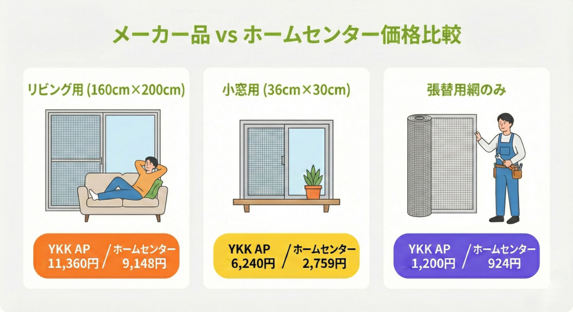 メーカー品（YKK AP）とホームセンターの網戸価格を比較したイラスト付き料金表。左から順に、「リビング用（160cm×200cm）」はソファでくつろぐ人のイラストでYKK AP 11,360円/ホームセンター 9,148円、「小窓用（36cm×30cm）」は植物が置かれた窓のイラストでYKK AP 6,240円/ホームセンター 2,759円、「張替用網のみ」は網のロールを持つ作業員のイラストでYKK AP 1,200円/ホームセンター 924円と表示されている。