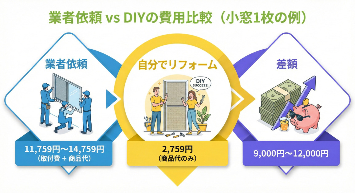 小窓1枚分の網戸張替えにおける「業者依頼」と「DIY（自分でリフォーム）」の費用を比較したイラスト付き図。左側の「業者依頼」には2人の作業員が網戸を取り付けるイラストがあり、費用は11,759円～14,759円（取付費+商品代）。中央の「自分でリフォーム」には男女が協力して網戸を張り替えるイラストがあり、「DIY SUCCESS!」の文字とともに費用は2,759円（商品代のみ）。右側の「差額」にはお金の山と上昇矢印、サングラスをかけた豚の貯金箱のイラストがあり、差額として9,000円～12,000円が示されている。