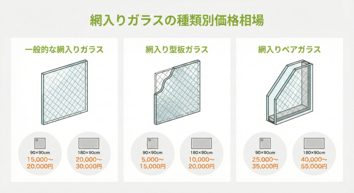 網入りガラスの種類別価格相場。左から、一般的な網入りガラス:90×90cmは15,000~20,000円、180×90cmは20,000~30,000円。中央、網入り型板ガラス:90×90cmは5,000~15,000円、180×90cmは10,000~20,000円。右、網入りペアガラス:90×90cmは25,000~35,000円、180×90cmは40,000~55,000円。それぞれのガラスの断面図イラストと共に表示されています。