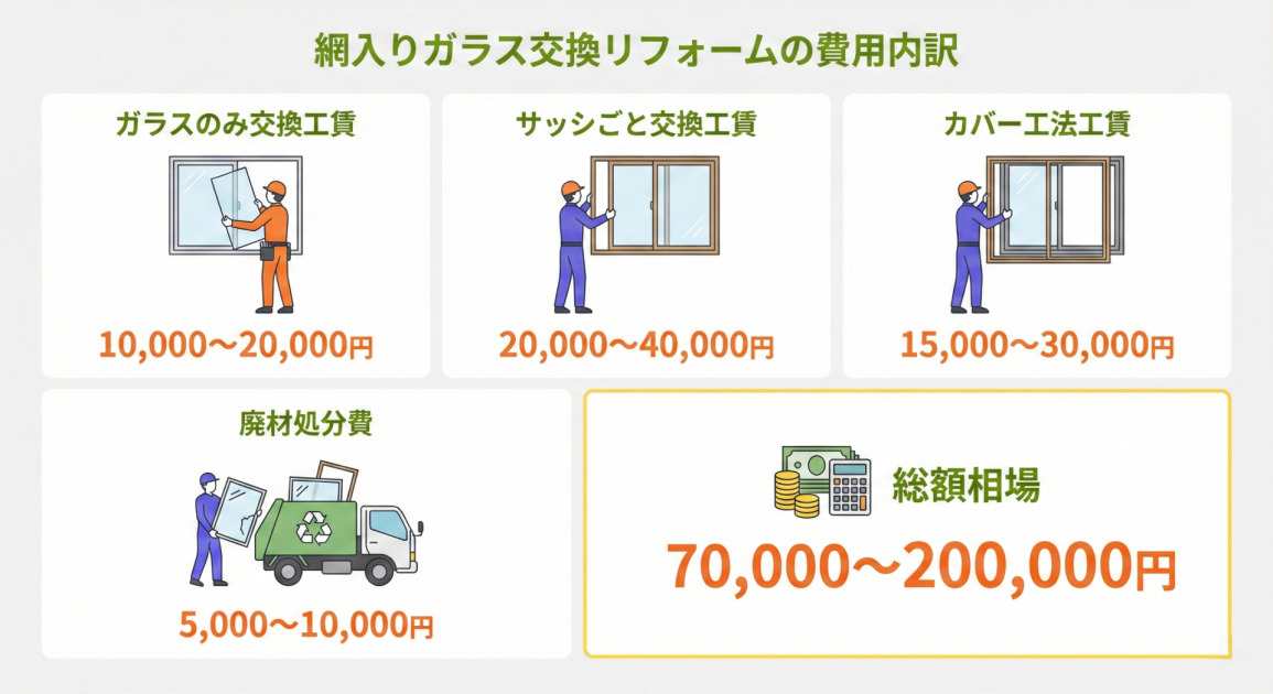 網入りガラス交換リフォームの費用内訳。上段左から、ガラスのみ交換工賃:1万~2万円、サッシごと交換工賃:2万~4万円、カバー工法工賃:1.5万~3万円。下段左、廃材処分費:5千~1万円。下段右、総額相場:7万~20万円。各項目は作業員やお金のイラストと共に表示されています。