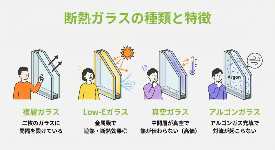 断熱ガラスの種類と特徴を解説するインフォグラフィック。4つの異なる断熱ガラスの構造と効果がイラストとテキストで示されている。左から、「複層ガラス」は二枚のガラスに間隔を設けた構造で、熱の移動を示す矢印が描かれている。「Low-Eガラス」は金属膜で遮熱・断熱効果が高いとされ、イラストでは太陽光を反射する様子が描写されている。「真空ガラス」は中間層が真空で熱が伝わらない（高価）特徴があり、狭い真空層と温度差を示す温度計が描かれている。「アルゴンガラス」はアルゴンガス充填で対流が起こらない特徴を持ち、ガラス間に「Argon」の文字とガスの粒子が充填され、対流の渦が抑えられているイラストが添えられている。