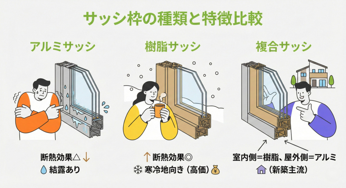 サッシ枠の種類と特徴を比較したインフォグラフィック。左から「アルミサッシ」は寒そうな人物と結露した窓のイラストで、「断熱効果△」「結露あり」と記載。中央の「樹脂サッシ」は暖かい部屋の人物と雪景色のイラストで、「断熱効果◎」「寒冷地向き（高価）」と記載。右の「複合サッシ」は新しい家と満足げな人物のイラストで、「室内側=樹脂、屋外側=アルミ」「（新築主流）」と記載されている。