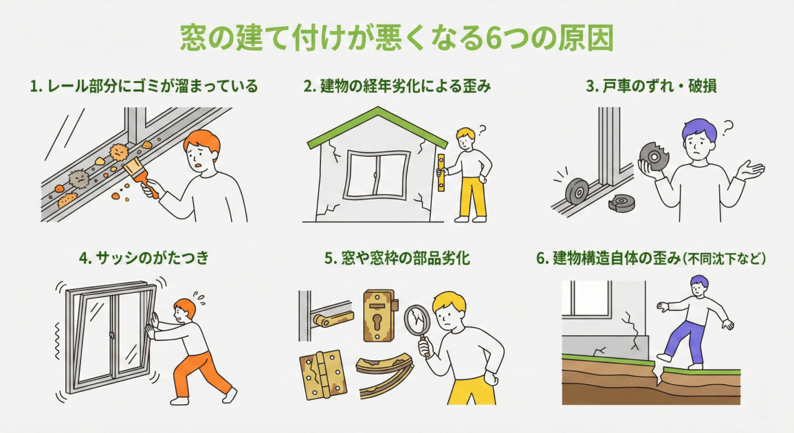窓の建て付けが悪くなる6つの原因を解説するイラスト画像。1.レール部分のゴミ詰まり、2.建物の経年劣化による歪み、3.戸車のずれ・破損、4.サッシのがたつき、5.窓や窓枠の部品劣化、6.建物構造自体の歪み（不同沈下など）の各状況が、具体的なイラストとテキストで分かりやすく図解されている。