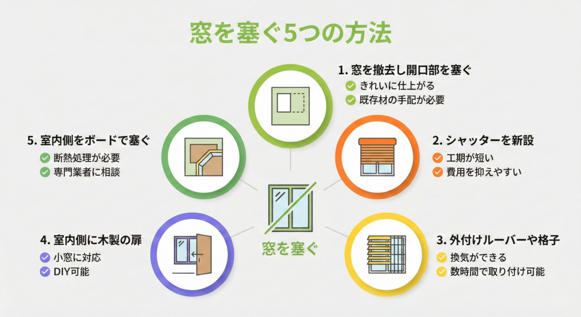 「窓を塞ぐ5つの方法」というタイトルのインフォグラフィック。中央の「窓を塞ぐ」というテキストとイラストから、5つの方法が円形に配置されている。
上部「1. 窓を撤去し開口部を塞ぐ」:きれいに仕上がる、既存材の手配が必要。
右上「2. シャッターを新設」:工期が短い、費用を抑えやすい。
右下「3. 外付けルーバーや格子」:換気ができる、数時間で取り付け可能。
左下「4. 室内側に木製の扉」:小窓に対応、DIY可能。
左上「5. 室内側をボードで塞ぐ」:断熱処理が必要、専門業者に相談。