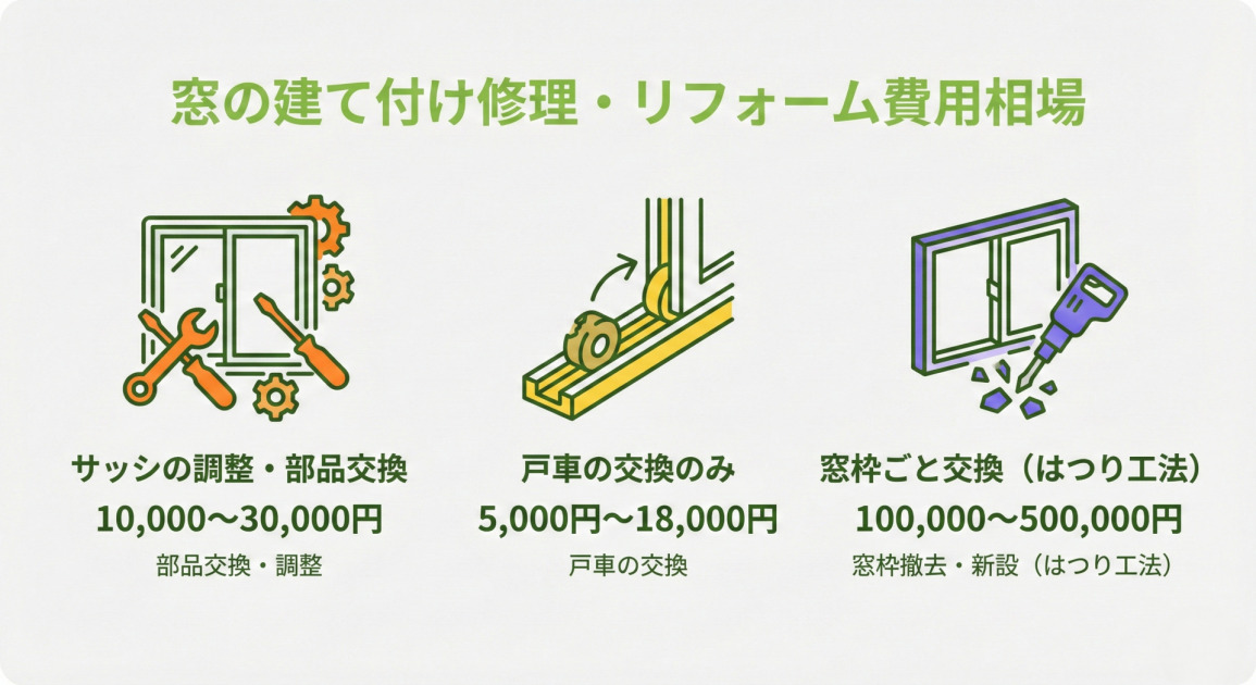 「窓の建て付け修理・リフォーム費用相場」を示すインフォグラフィック。3つの方法と概算費用がアイコンと共に横並びで表示されている。左から、「サッシの調整・部品交換」は費用10,000～30,000円で部品交換・調整を行う。中央の「戸車の交換のみ」は費用5,000円～18,000円で戸車を交換する。右の「窓枠ごと交換（はつり工法）」は費用100,000～500,000円で窓枠撤去・新設（はつり工法）を行う。