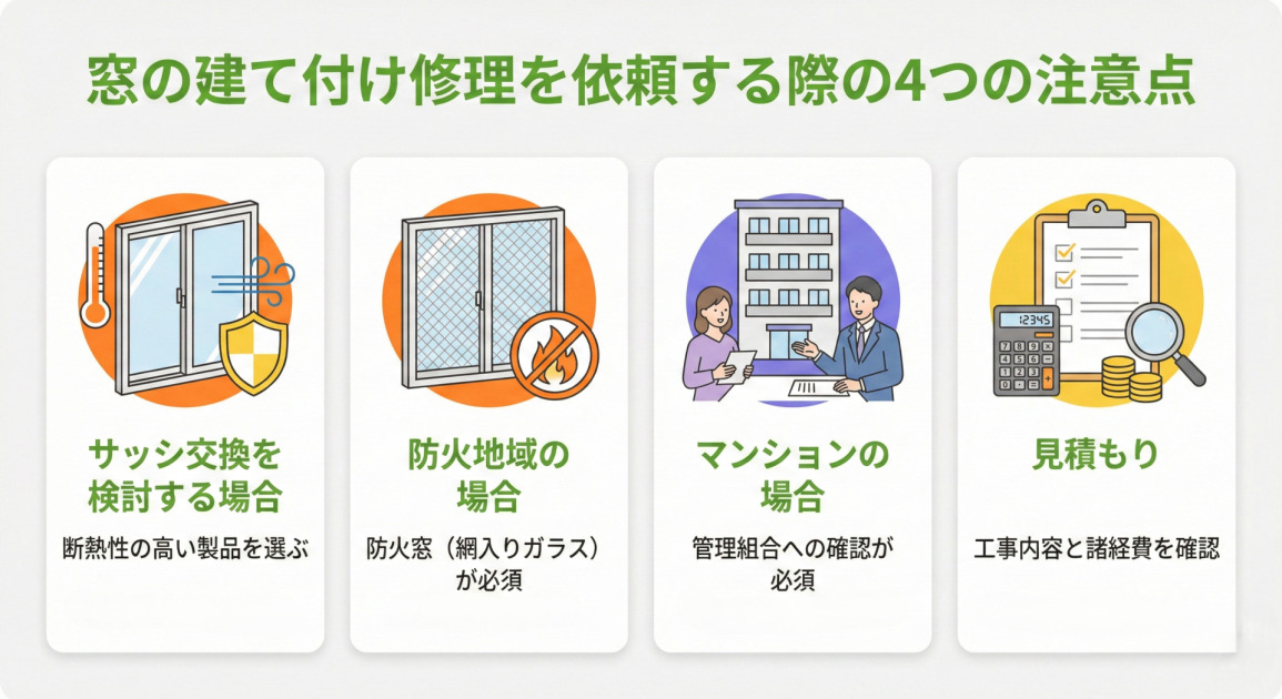 「窓の建て付け修理を依頼する際の4つの注意点」と題されたインフォグラフィック。4つのポイントがイラスト付きで紹介されている。左から、「サッシ交換を検討する場合：断熱性の高い製品を選び、省エネ効果と快適性を高める」、「防火地域の場合：防火窓（網入りガラス）が必須で、法的要件を遵守する」、「マンションの場合：管理組合への確認が必須で、規約と手続きを確認する」、「見積もり：工事内容と諸経費を確認し、内訳の透明性を確認する」と記載されている。