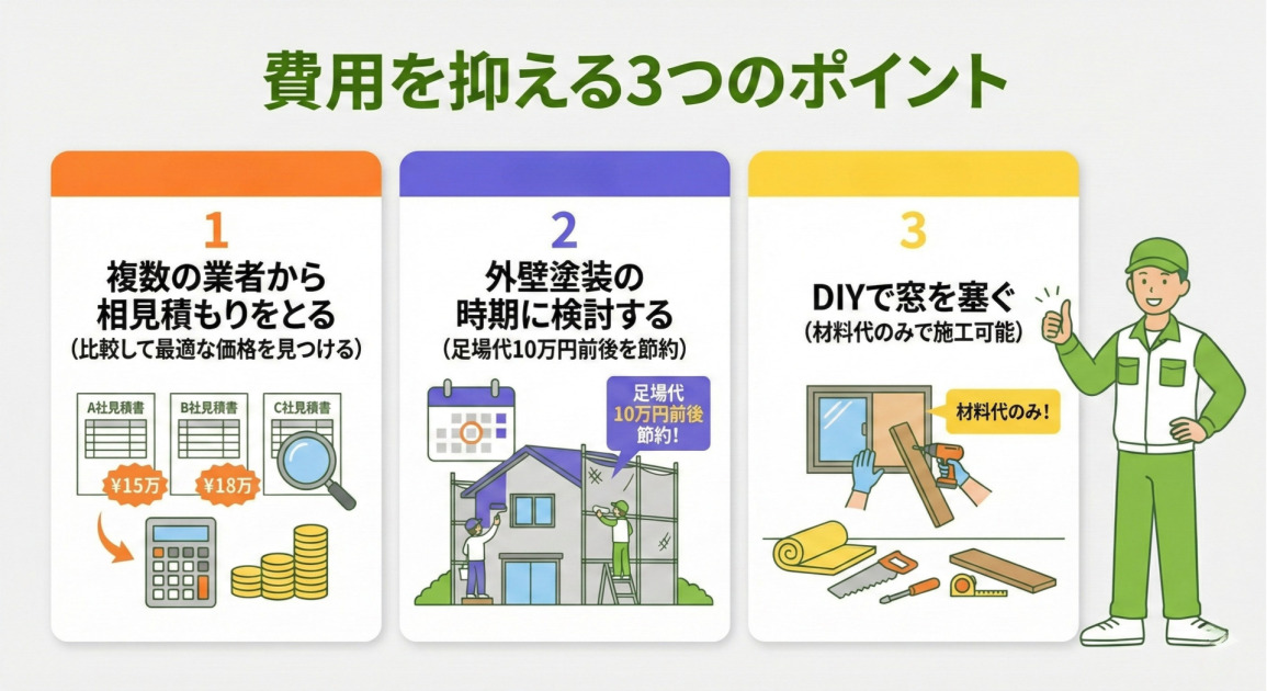 「費用を抑える3つのポイント」というタイトルのインフォグラフィック。3つの番号付きステップが横に並んでおり、リフォーム費用を節約する方法をイラストとテキストで説明している。左は「複数の業者から相見積もりをとる(比較して最適な価格を見つける)」で、3社の見積書(A社、B社、C社)と虫眼鏡、電卓、お金のイラスト。中央は「外壁塗装の時期に検討する(足場代10万円前後を節約)」で、足場が組まれた家の塗装工事の様子とカレンダー、「足場代10万円前後節約!」の吹き出し。右は「DIYで窓を塞ぐ(材料代のみで施工可能)」で、DIYで窓を塞ぐ作業と工具・材料、「材料代のみ!」の吹き出し。 全体の一番右側には、親指を立てて笑顔を見せる作業着姿の男性イラストが配置されている。