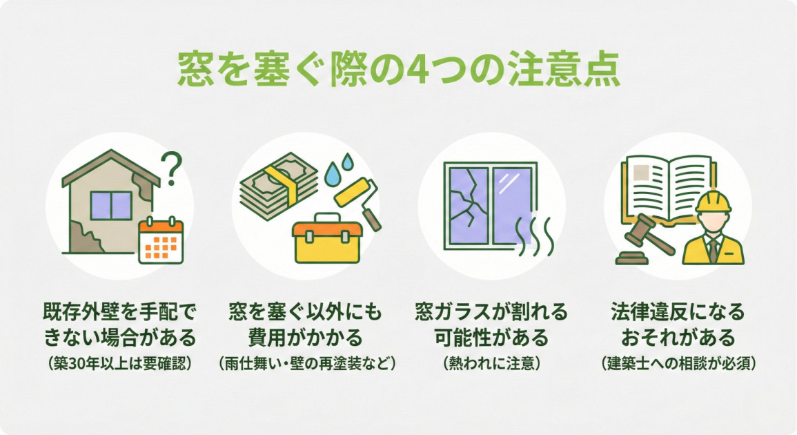 「窓を塞ぐ際の4つの注意点」というタイトルのインフォグラフィック。4つの注意点が円形のイラストとテキストで横に並んでいる。
「既存外壁を手配できない場合がある(築30年以上は要確認)」:老朽化した家とクエスチョンマーク、カレンダーのイラスト。
「窓を塞ぐ以外にも費用がかかる(雨仕舞い・壁の再塗装など)」:お金の束、水滴、塗装ローラー、ツールボックスのイラスト。
「窓ガラスが割れる可能性がある(熱われに注意)」:ひび割れた窓ガラスと熱気のイラスト。
「法律違反になるおそれがある(建築士への相談が必須)」:法律書、木槌、建築士のイラスト。