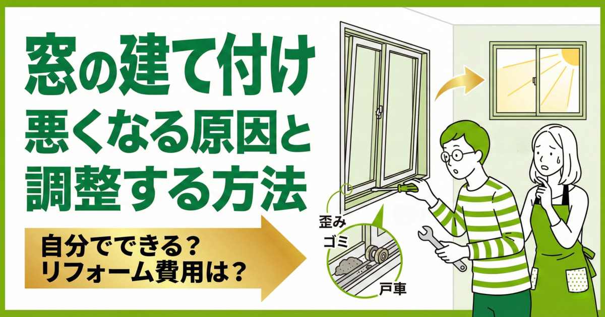 窓の建て付けが悪くなる原因と調整する方法について解説する記事のアイキャッチ画像。工具で窓を調整しようとする男性と、心配そうに見守る女性のイラストが描かれている。窓の歪み、レールに溜まったゴミ、戸車の不具合といった原因が図解されており、修理によって「快適！」な状態になる様子も示されている。大きな文字で「窓の建て付けが悪くなる原因と調整する方法」とあり、矢印の中に「自分でできる？リフォーム費用は？」と書かれている。