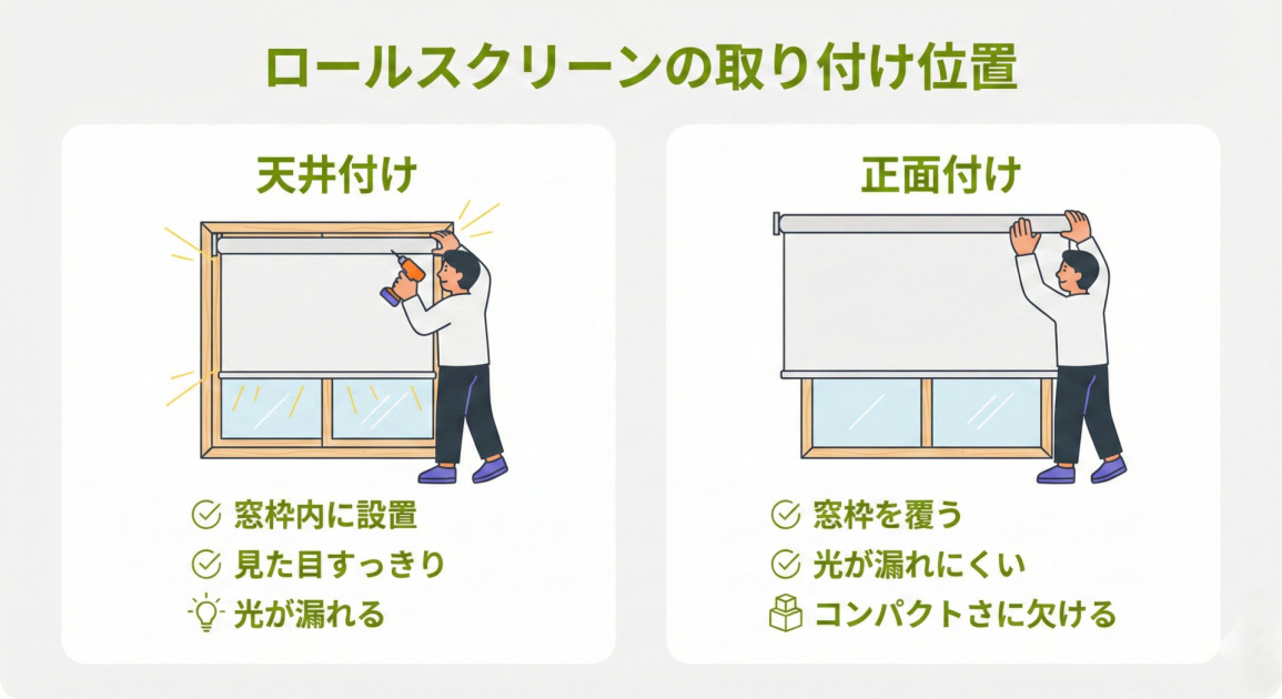 ロールスクリーンの取り付け位置を「天井付け」と「正面付け」で比較するインフォグラフィック。左側の「天井付け」では、窓枠内に設置する様子がイラストで示され、「窓枠内に設置」「見た目すっきり」「光が漏れる」という特徴が挙げられています。右側の「正面付け」では、窓枠を覆うように設置する様子がイラストで示され、「窓枠を覆う」「光が漏れにくい」「コンパクトさに欠ける」という特徴が挙げられています。