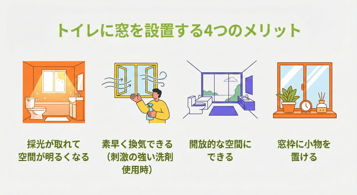 トイレに窓があることの4つのメリットを解説したインフォグラフィック。「トイレに窓を設置する4つのメリット」というタイトルの下、以下の4点がイラスト付きで紹介されている。1. トイレの窓から太陽光が差し込み、「採光が取れて空間が明るくなる」。2. 人物がトイレの窓を開けて換気しており、「素早く換気できる(刺激の強い洗剤使用時)」。3. 大きな窓がある広々としたトイレで、「開放的な空間にできる」。4. トイレの窓枠に植物や小物が置かれ、「窓枠に小物を置ける」。全体はクリーンなフラットデザインで描かれている。