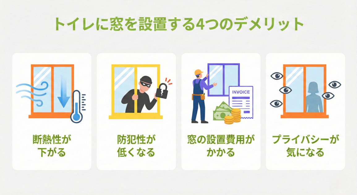 「トイレに窓を設置する4つのデメリット」と題されたインフォグラフィック。以下の4点がイラスト付きで解説されている。1. トイレの窓から冷気が入り込み温度計が下がっている「断熱性が下がる」。2. 泥棒がトイレの窓の鍵を壊して侵入を試みている「防犯性が低くなる」。3. 作業員がトイレに窓を設置する様子と費用の請求書が描かれた「窓の設置費用がかかる」。4. 窓の外から複数の目が中のシルエットを覗いている「プライバシーが気になる」。全体はフラットなベクターイラストで表現されている。