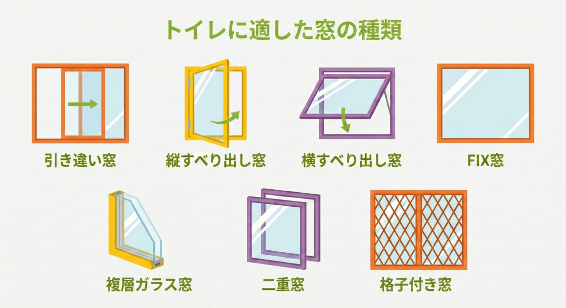 「トイレに適した窓の種類」と題されたインフォグラフィック。7種類の窓のイラストと名称が2段で紹介されている。上段左から順に、左右に開閉する「引き違い窓」、縦を軸に外側に開く「縦すべり出し窓」、横を軸に下側が外に開く「横すべり出し窓」、開閉しない「FIX窓」。下段左から順に、2枚のガラスで構成された断面図の「複層ガラス窓」、既存の窓の内側にもう一つ窓を追加した「二重窓」、窓枠に格子がついた「格子付き窓」。全体はフラットなベクターイラストで表現されている。