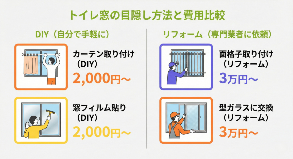 「トイレ窓の目隠し方法と費用比較」と題されたインフォグラフィック。DIYとリフォームの2つのカテゴリーに分けて、4つの目隠し方法と費用目安をイラスト付きで紹介している。左側は「DIY(自分で手軽に)」で、上段に「カーテン取り付け(DIY)」費用2,000円〜、下段に「窓フィルム貼り(DIY)」費用2,000円〜のイラストとテキスト。右側は「リフォーム(専門業者に依頼)」で、上段に「面格子取り付け(リフォーム)」費用3万円〜、下段に「型ガラスに交換(リフォーム)」費用3万円〜のイラストとテキストが配置されている。全体はフラットなベクターイラストで表現されている。