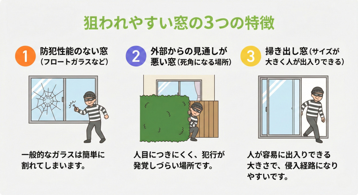 空き巣に狙われやすい窓の3つの特徴を解説したイラスト。「防犯性能のない窓」「見通しが悪い死角の窓」「人が出入りできる掃き出し窓」が危険であることを示し、窓の防犯対策の重要性を伝える内容。