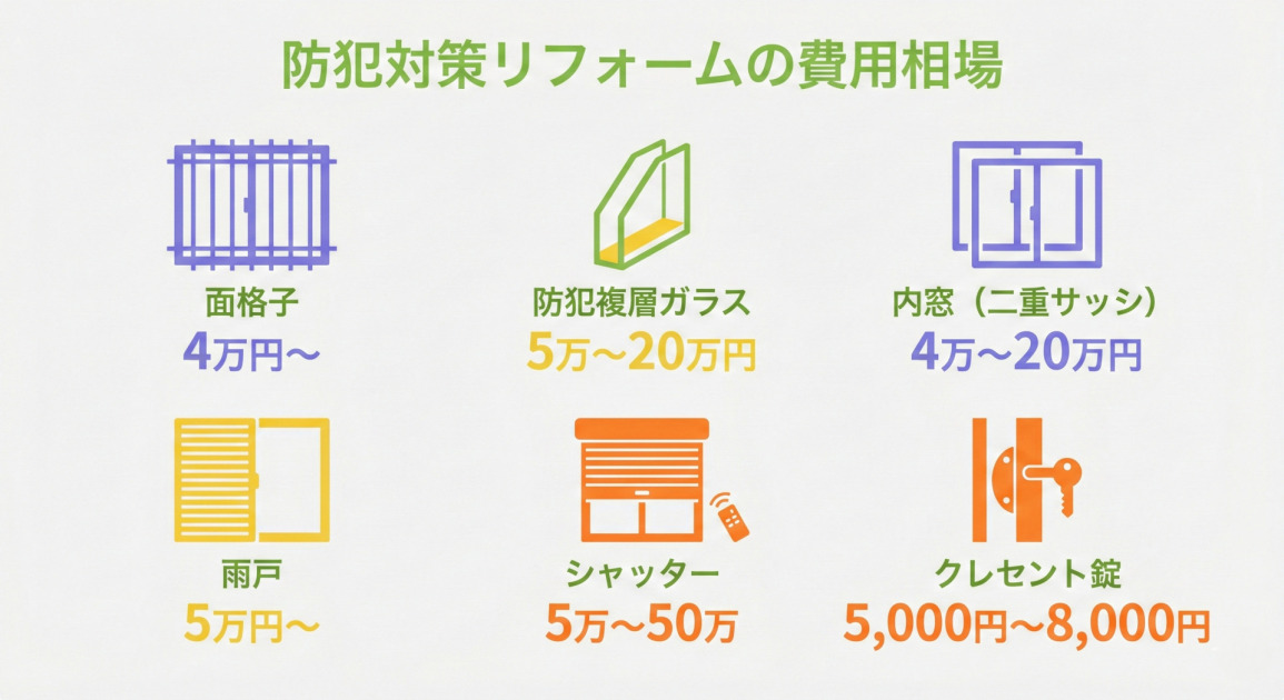 窓の防犯対策リフォームにかかる費用相場を一覧にしたインフォグラフィック。面格子（4万円〜）、防犯複層ガラス（5万〜20万円）、内窓（二重サッシ）（4万〜20万円）、雨戸（5万円〜）、シャッター（5万〜50万）、クレセント錠（5,000円〜8,000円）の各費用目安をイラスト付きで解説。
