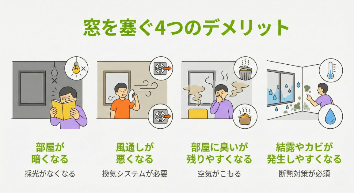 「窓を塞ぐ4つのデメリット」と題されたインフォグラフィック。4つの項目がイラスト付きで紹介されている。1つ目は「部屋が暗くなる(採光がなくなる)」で、暗い部屋で本を読むのに苦労している人のイラスト。2つ目は「風通しが悪くなる(換気システムが必要)」で、暑そうにうちわで扇ぐ人と換気扇のイラスト。3つ目は「部屋に臭いが残りやすくなる(空気がこもる)」で、臭いに顔をしかめている人とゴミ箱などのイラスト。4つ目は「結露やカビが発生しやすくなる(断熱対策が必須)」で、壁の結露とカビを指差す人と温度計・水滴のイラスト。