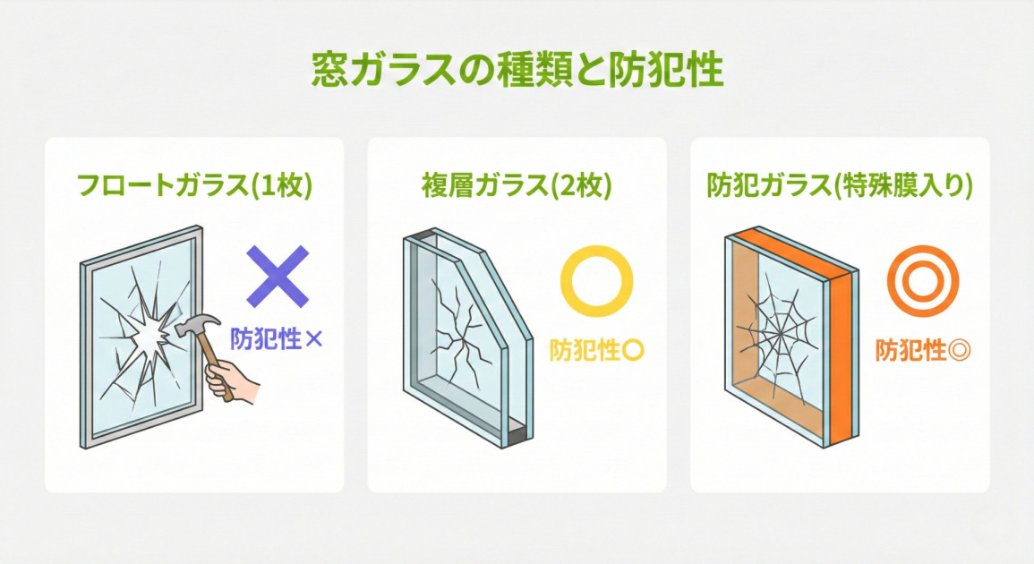 窓ガラスの種類による防犯性の違いを比較したイラスト。「フロートガラス(1枚)」はハンマーで割れて貫通しており「防犯性×」。「複層ガラス(2枚)」は外側が割れても貫通はせず「防犯性○」。「防犯ガラス(特殊膜入り)」は特殊膜が貫通を防いでおり、最も高い「防犯性◎」と評価されている。