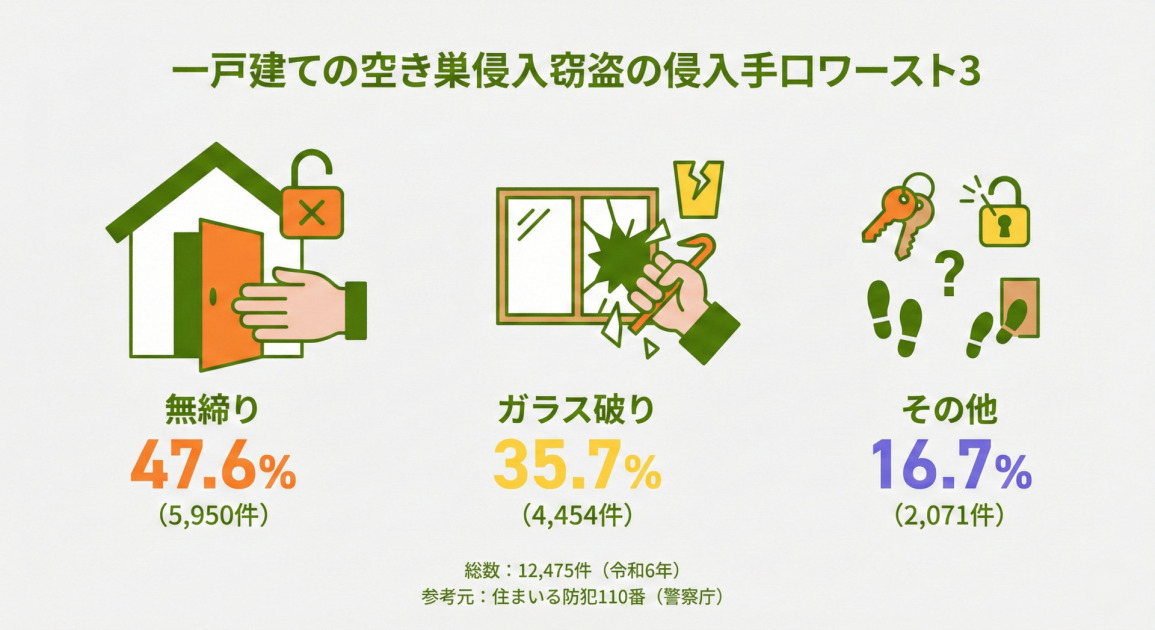一戸建て住宅における空き巣侵入窃盗の侵入手口ワースト3を解説したインフォグラフィック。ワースト1位は「無締り」で47.6%（5,950件）、2位は「ガラス破り」で35.7%（4,454件）、3位は「その他」で16.7%（2,071件）。それぞれの侵入手口をイラストで図解。総数は12,475件（令和6年）、出典は警察庁「住まいる防犯110番」。