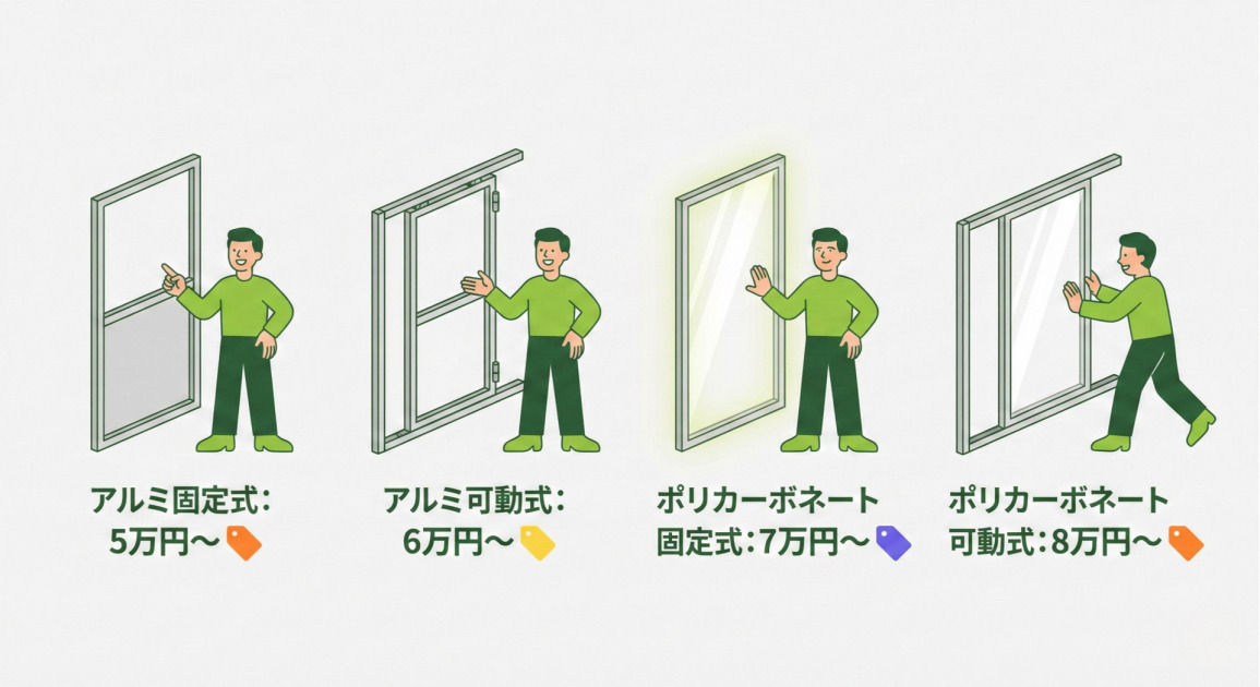 この画像のALTテキストは以下のようになります。

アルミとポリカーボネートの窓パネル（固定式・可動式）の価格比較を示すインフォグラフィック。左から順に、「アルミ固定式：5万円〜」、「アルミ可動式：6万円〜」、「ポリカーボネート固定式：7万円〜」、「ポリカーボネート可動式：8万円〜」と記載され、それぞれのパネルの横にフレンドリーな人物のイラストが添えられている。