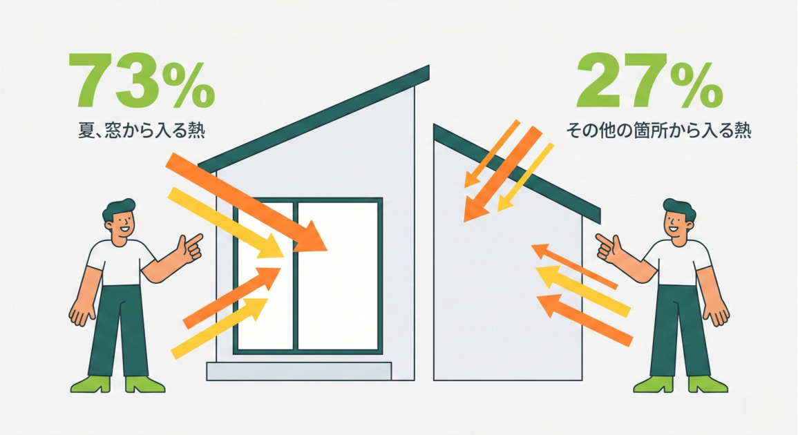 夏に家に流入する熱の割合を示すインフォグラフィック。左側には「73% 夏、窓から入る熱」というテキストとともに、男性が窓を指差し、多くの熱（オレンジと黄色の矢印）が窓から流入している様子が描かれている。右側には「27% その他の箇所から入る熱」というテキストとともに、別の男性が壁や屋根を指差し、熱が流入している様子が描かれている。窓からの熱流入が最も多いことを視覚的に強調している。