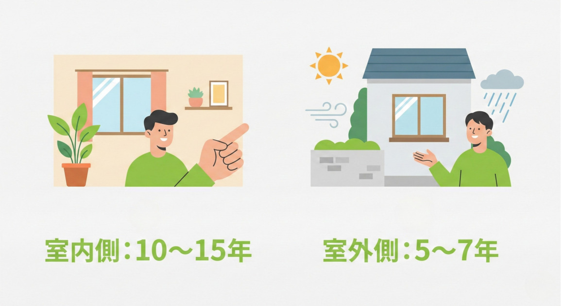 室内側と室外側の耐久年数を比較するインフォグラフィック。左側には、部屋の中で窓を指差す男性のイラストと、時計のアイコン、「室内側:10〜15年」というテキストがある。右側には、太陽、風、雨にさらされた家の外観を示す男性のイラストと、カレンダーのアイコン、「室外側:5〜7年」というテキストがある。
