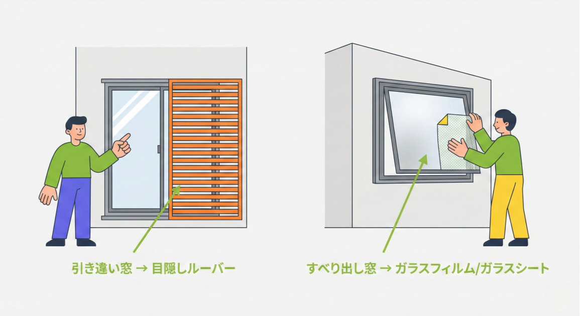 窓の目隠し対策を比較するインフォグラフィック。左側は「引き違い窓 → 目隠しルーバー」と題され、引き違い窓の外側にオレンジ色の目隠しルーバーが設置されている様子を、男性のイラストが指し示している。右側は「すべり出し窓 → ガラスフィルム/ガラスシート」と題され、外側に開くすべり出し窓のガラス面に、もう一人の男性が半透明のフィルムまたはシートを貼り付けている様子が描かれている。全体的にフラットでフレンドリーなイラストスタイル。