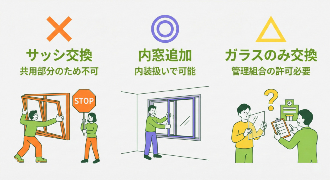 マンションの窓リフォームに関する可否情報を示すインフォグラフィック。左のパネルは「サッシ交換」で、×印と「共用部分のため不可」という文字、窓枠を外そうとする人とSTOPの看板を持つ人のイラストがある。中央のパネルは「内窓追加」で、◎印と「内装扱いで可能」という文字、既存の窓の内側に二重窓を取り付けている人のイラストがある。右のパネルは「ガラスのみ交換」で、△印と「管理組合の許可必要」という文字、ガラス板を持つ人が管理組合の建物とチェックリストを持つ人に相談しているイラストがある。