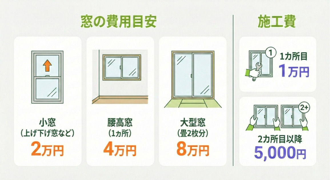 窓リフォームの費用目安と施工費を示したインフォグラフィック。左側は「窓の費用目安」で、小窓（上げ下げ窓など）が2万円、腰高窓（1カ所）が4万円、大型窓（畳2枚分）が8万円。右側は「施工費」で、1カ所目が1万円、2カ所目以降が5,000円と記載されている。