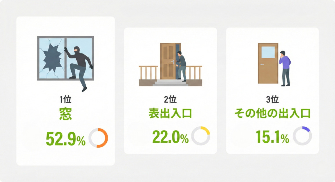 一戸建て侵入犯罪の侵入口ワースト3を示すインフォグラフィック。左から順に、1位は『窓』で52.9%。窓ガラスを破って侵入しようとする人物のイラストと、割合を示すオレンジ色の円グラフ。中央は2位で『表出入口』で22.0%。玄関ドアを開けようとする人物のイラストと、黄色の円グラフ。右は3位で『その他の出入口』で15.1%。勝手口のようなドアの前に立つ人物のイラストと、紫色の円グラフ。窓からの侵入が全体の過半数を占めていることが視覚的に表現されています。