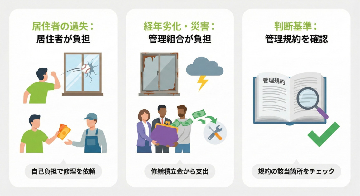 窓・サッシ修理の費用負担者を説明する3部構成のインフォグラフィック。左側は「居住者の過失：居住者が負担」という見出しで、野球ボールで窓を割ってしまった男性が修理業者に現金を支払うイラストと、「自己負担で修理を依頼」というテキストがある。中央は「経年劣化・災害：管理組合が負担」という見出しで、錆びた窓枠と雷雨のイラスト、管理組合のメンバーが修繕積立金から修理費用を支払うイラストと、「修繕積立金から支出」というテキストがある。右側は「判断基準：管理規約を確認」という見出しで、「管理規約」と書かれた本を虫眼鏡で確認するイラストとチェックマーク、「規約の該当箇所をチェック」というテキストがある。全体は白背景に緑色の文字、フラットなベクターイラストで構成されている。