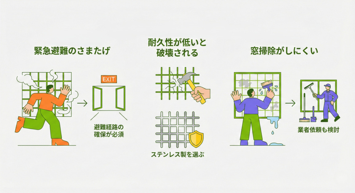 面格子の3つのデメリットとそれぞれの対策をイラストとテキストで解説したインフォグラフィック。左から、オレンジ色の枠で「緊急避難のさまたげ」という問題に対し、火事の際に格子が邪魔になるイラストと、「避難経路の確保が必須」という対策と非常口のイラスト。中央は、黄色の枠で「耐久性が低いと破壊される」という問題に対し、ハンマーで格子が壊されるイラストと、「ステンレス製を選ぶ」という対策と頑丈な格子に盾のイラスト。右は、紫色の枠で「窓掃除がしにくい」という問題に対し、格子越しに掃除に苦労するイラストと、「業者依頼も検討」という対策と清掃業者のイラストが描かれている。