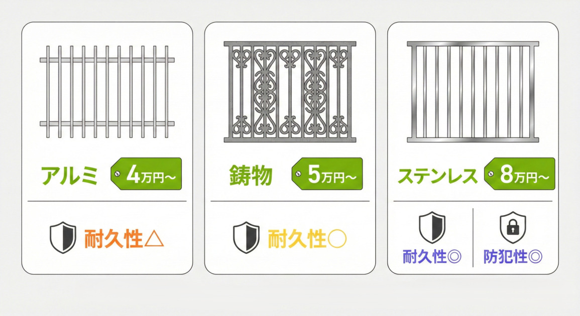素材別の面格子取り付け費用相場と性能を比較したイラスト。左から「アルミ」は費用4万円〜で耐久性は△、「鋳物」は費用5万円〜で耐久性は○、「ステンレス」は費用8万円〜で耐久性と防犯性が共に◎と表示されている。それぞれの素材に対応した格子のデザインイラストと、性能を示す盾のアイコンが添えられている。