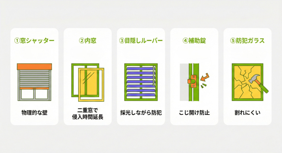 「面格子以外の窓防犯リフォーム5選」と題されたインフォグラフィック。5つの方法がイラスト付きで紹介されている。左から順に、①窓シャッター（物理的な壁）、②内窓（二重窓で侵入時間延長）、③目隠しルーバー（採光しながら防犯）、④補助錠（こじ開け防止）、⑤防犯ガラス（割れにくい）のイラストと説明文が並んでいる。