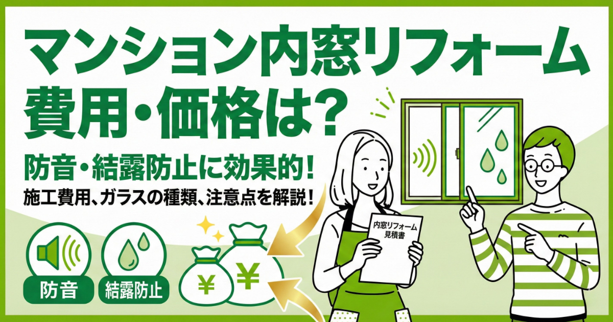 マンション内窓リフォームの費用と価格、防音・結露防止効果を解説する記事のアイキャッチ画像。『マンション内窓リフォーム費用・価格は？』というタイトルと、内窓、防音・結露防止アイコン、見積書を持つ男女のイラストが描かれている。