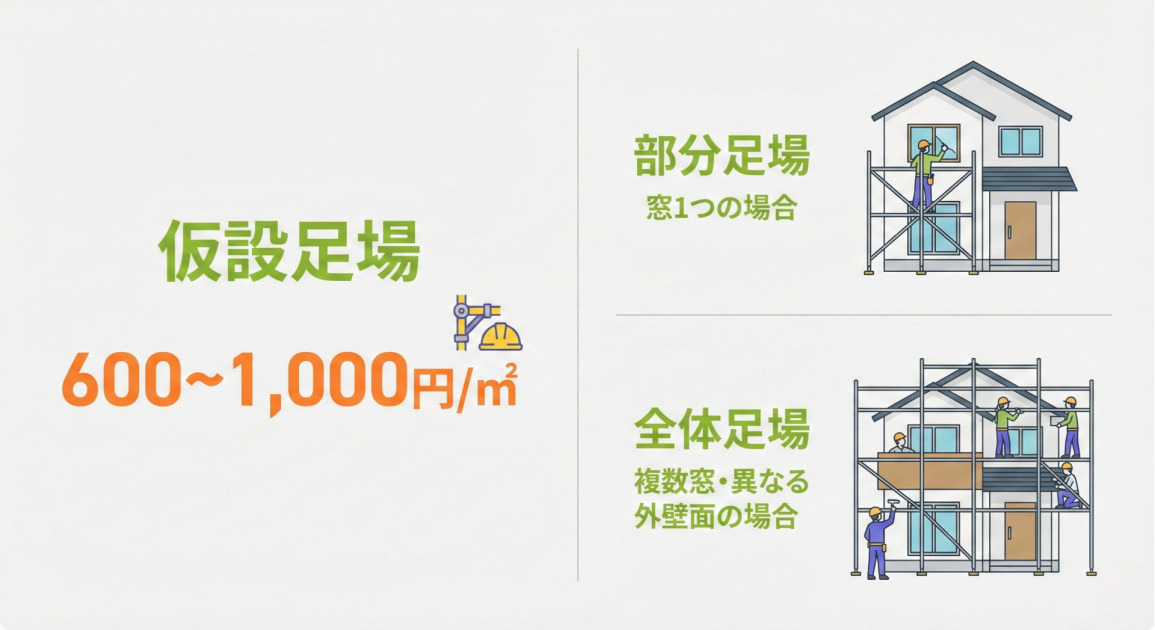 2階窓増設時の仮設足場費用を示すインフォグラフィック。左側に大きく「仮設足場 600~1,000円/㎡」と費用目安が記載されています。右側は上下に分かれ、上段には「部分足場 窓1つの場合」として、家の2階の窓1か所のみに足場が組まれたイラストがあります。下段には「全体足場 複数窓・異なる外壁面の場合」として、家の周囲全体に足場が組まれたイラストが描かれ、それぞれの状況を視覚的に比較しています。全体的にフラットなベクターイラストで、背景は白、文字色は緑とオレンジ、アクセントカラーに黄色や紫が使われた、クリーンでフレンドリーなデザインです。