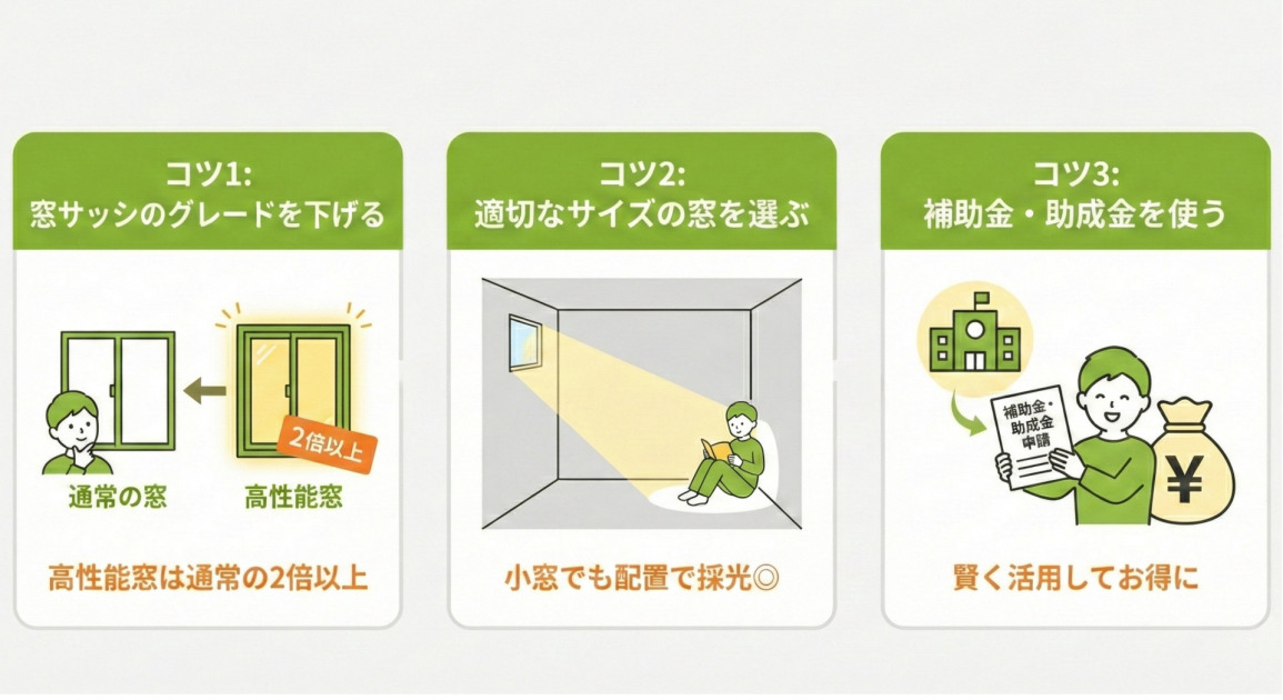 3つのパネルで構成された、窓リフォームの費用を抑えるコツを示すインフォグラフィック。 左のパネルは「コツ1: 窓サッシのグレードを下げる」。高性能窓が通常の窓の「2倍以上」であることを示し、通常の窓を選ぶ男性のイラストがあります。テキストは「高性能窓は通常の2倍以上」。 中央のパネルは「コツ2: 適切なサイズの窓を選ぶ」。壁の高い位置にある小さな窓から光が差し込み、床で本を読む人物を照らしているイラストがあります。テキストは「小窓でも配置で採光◎」。 右のパネルは「コツ3: 補助金・助成金を使う」。申請書類とお金の袋を持つ男性と、背景に役所の建物のイラストがあります。テキストは「賢く活用してお得に」。 全体的に緑色を基調とした親しみやすいイラストで、各パネルは矢印で繋がっています。