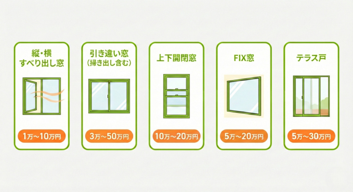 窓の種類別費用相場を示したイラスト付きリスト。「縦・横すべり出し窓」（1万〜10万円）、「引き違い窓(掃き出し含む)」（3万〜50万円）、「上下開閉窓」（10万〜20万円）、「FIX窓」（5万〜20万円）、「テラス戸」（5万〜30万円）の5つの窓タイプについて、それぞれの形状を示すイラストと価格帯が記載された緑枠のパネルが横一列に並んでいる。