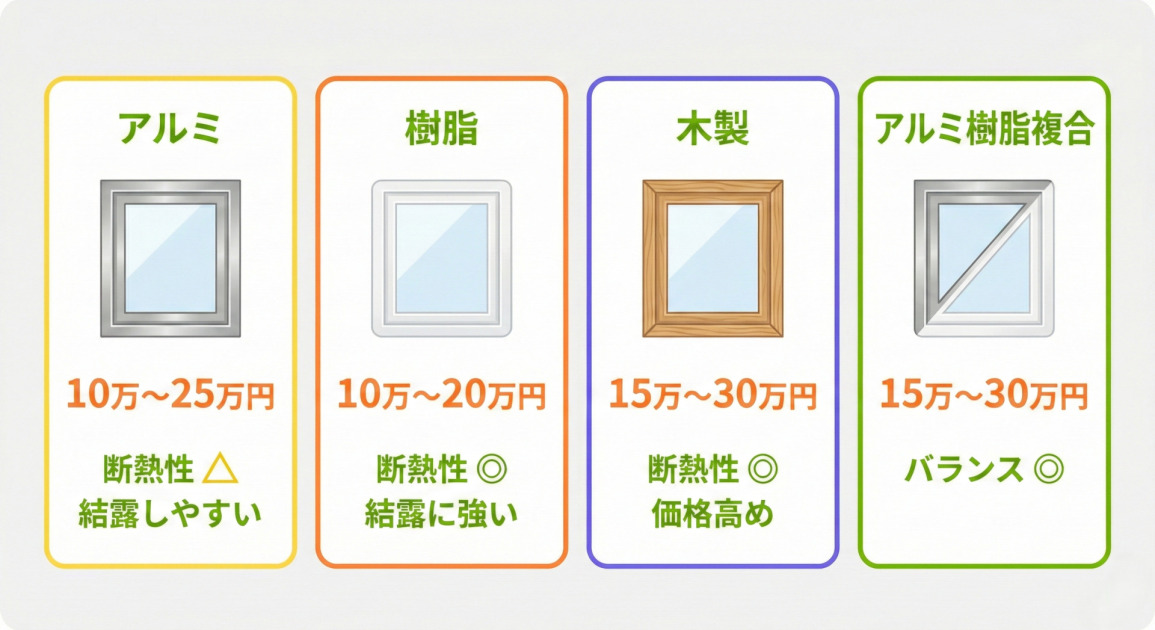 サッシ素材別の性能と費用を比較した表形式のインフォグラフィック。左から順に「アルミ」「樹脂」「木製」「アルミ樹脂複合」の4つの素材が、それぞれの特徴を示すイラスト、費用相場、断熱性（◎または△で評価）、その他の特徴とともに色分けされた枠内に記載されています。

アルミ（黄枠）: 金属製サッシのイラスト。費用は「10万〜25万円」。断熱性は「△」、特徴は「結露しやすい」。

樹脂（オレンジ枠）: 白色樹脂製サッシのイラスト。費用は「10万〜20万円」。断熱性は「◎」、特徴は「結露に強い」。

木製（紫枠）: 木目調サッシのイラスト。費用は「15万〜30万円」。断熱性は「◎」、特徴は「価格高め」。

アルミ樹脂複合（緑枠）: 外側がアルミ、内側が樹脂の複合構造を示すイラスト。費用は「15万〜30万円」。総合評価として「バランス ◎」。